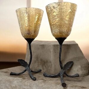 Vintage Mercury Glass Votive Candle Holders Black Metal Leaf Base Set of 2